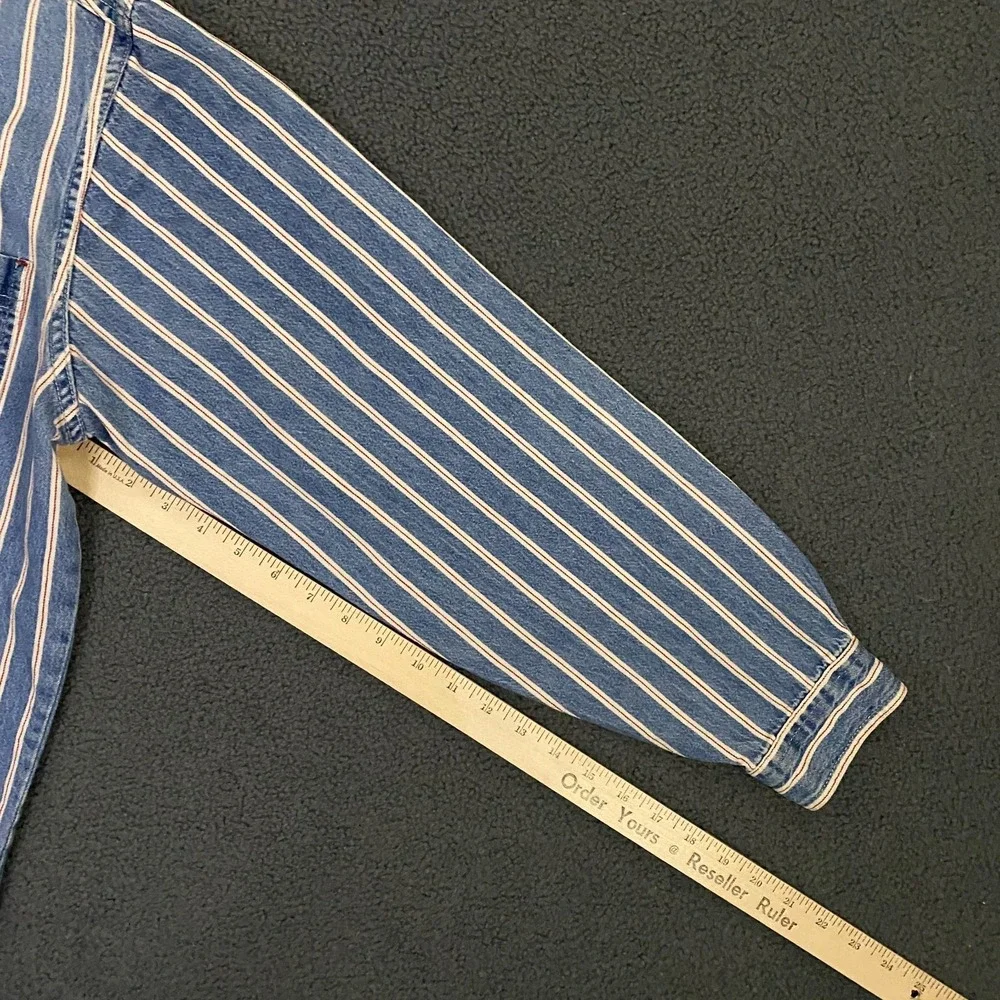 Vintage Levis Denim Shirt Mens Large Blue Selvedge Stripe Print Metal Button Up